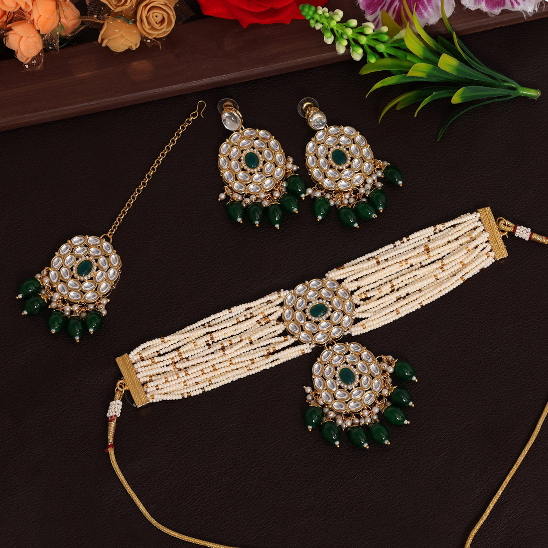 Green Color Choker Kundan Necklace Set Jewellery GetGlit