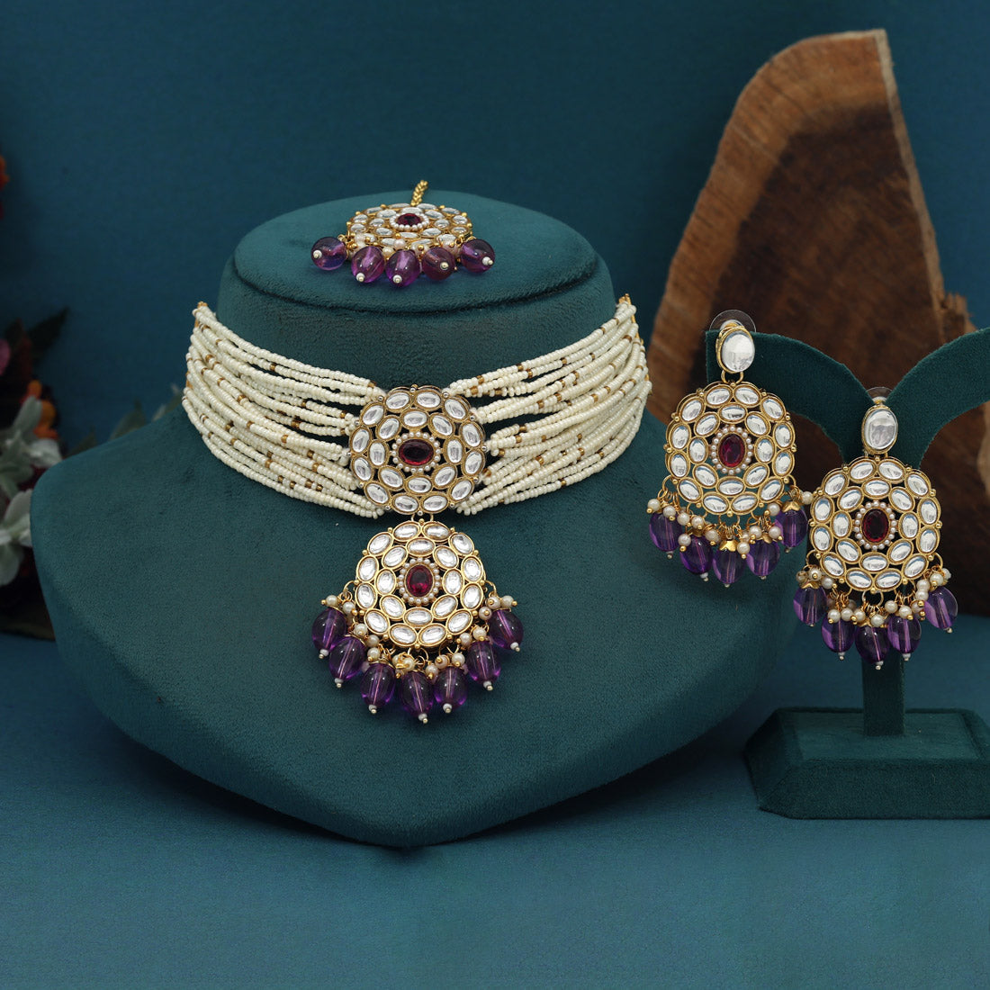 Light Purple Color Choker Kundan Necklace Set Jewellery GetGlit