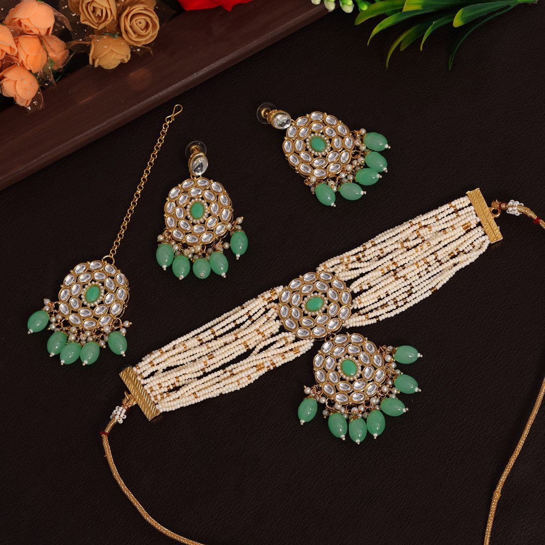 Pink & Parrot Green Color Long Kundan Necklace Set Jewellery GlitStudio