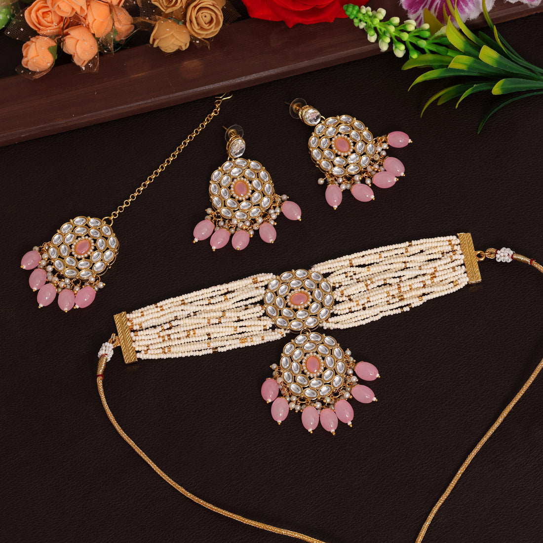 Pink Color Choker Kundan Necklace Set Jewellery GetGlit