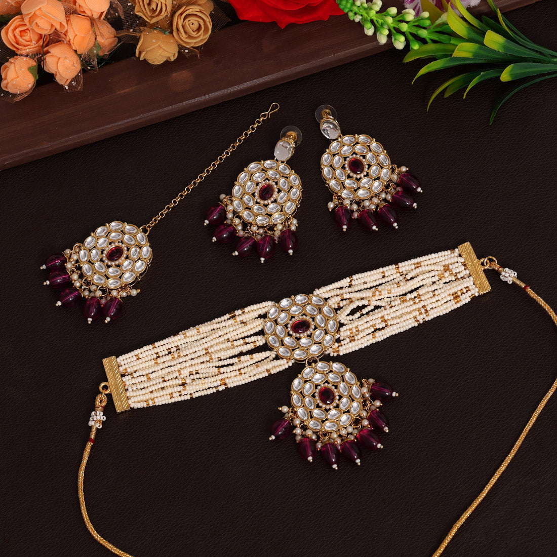 Purple Color Choker Kundan Necklace Set Jewellery GetGlit