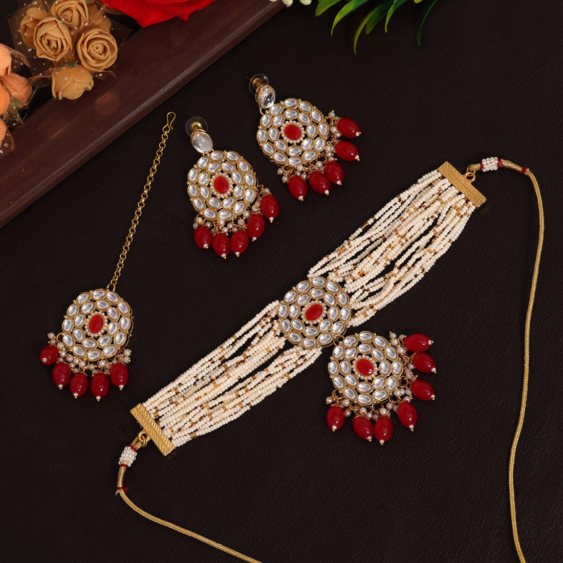Red Color Choker Kundan Necklace Set Jewellery GetGlit