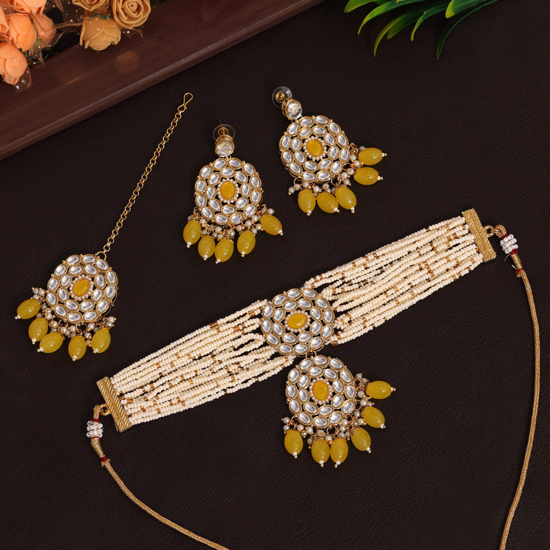 Yellow Color Choker Kundan Necklace Set Jewellery GetGlit