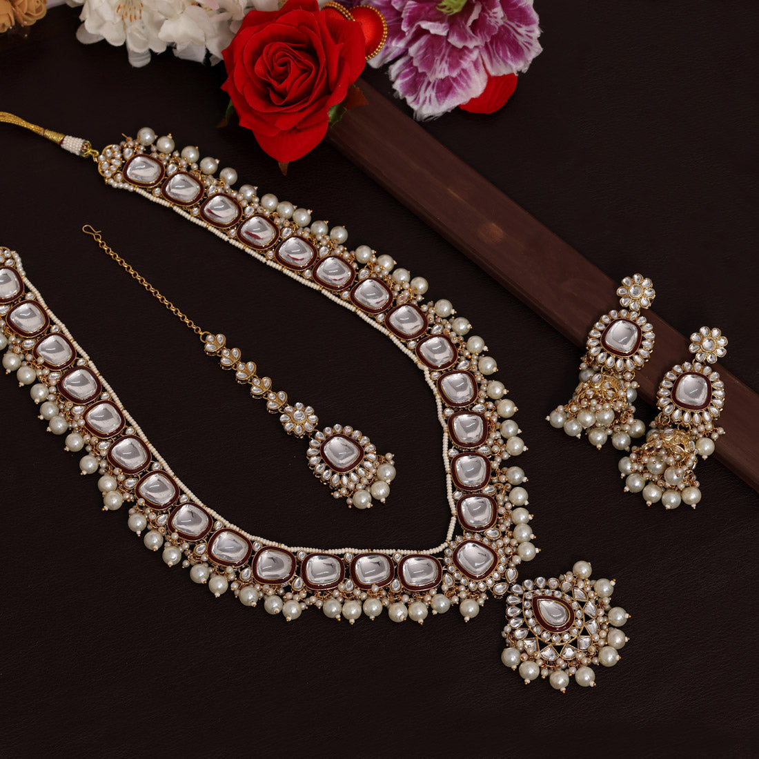 Maroon Color Long Kundan Necklace Set Jewellery GetGlit