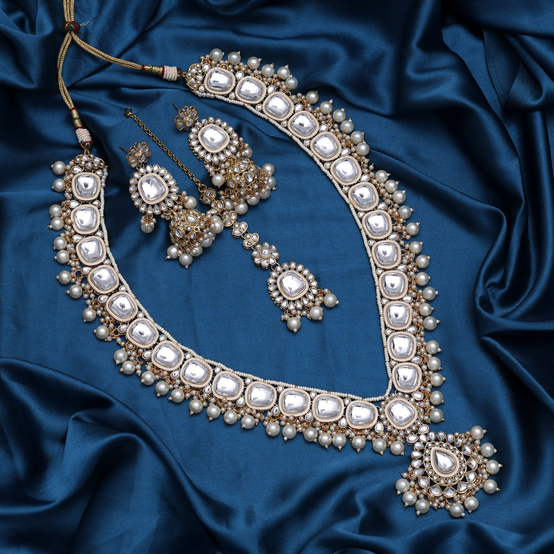White Color Long Kundan Necklace Set Jewellery GetGlit