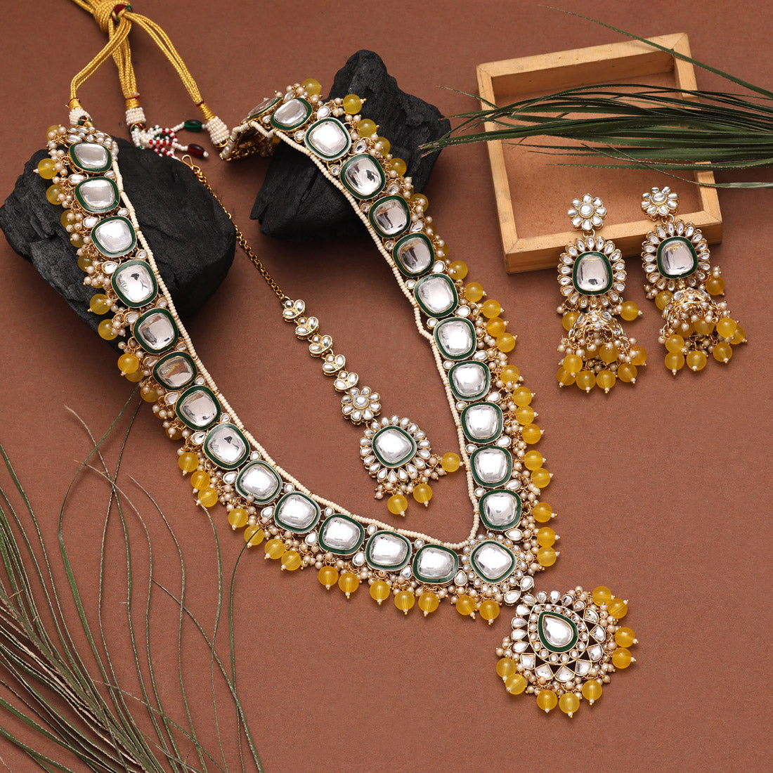 Yellow Color Long Kundan Necklace Set Jewellery GetGlit