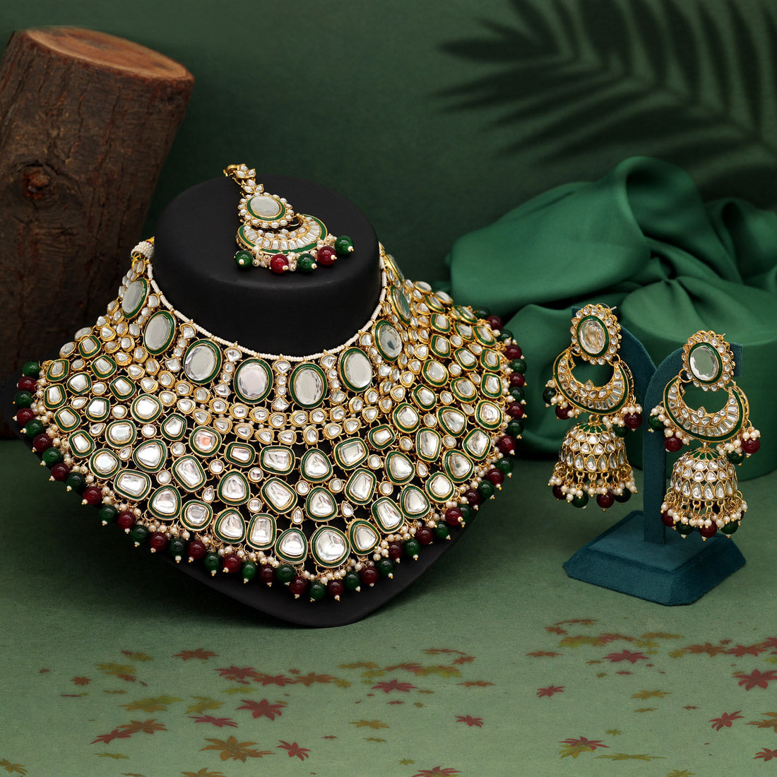 Maroon & Green Color Kundan Necklace Set Jewellery GetGlit
