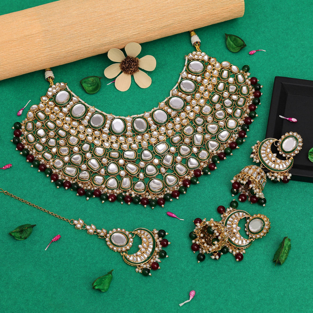 Maroon & Green Color Kundan Necklace Set Jewellery GlitStudio