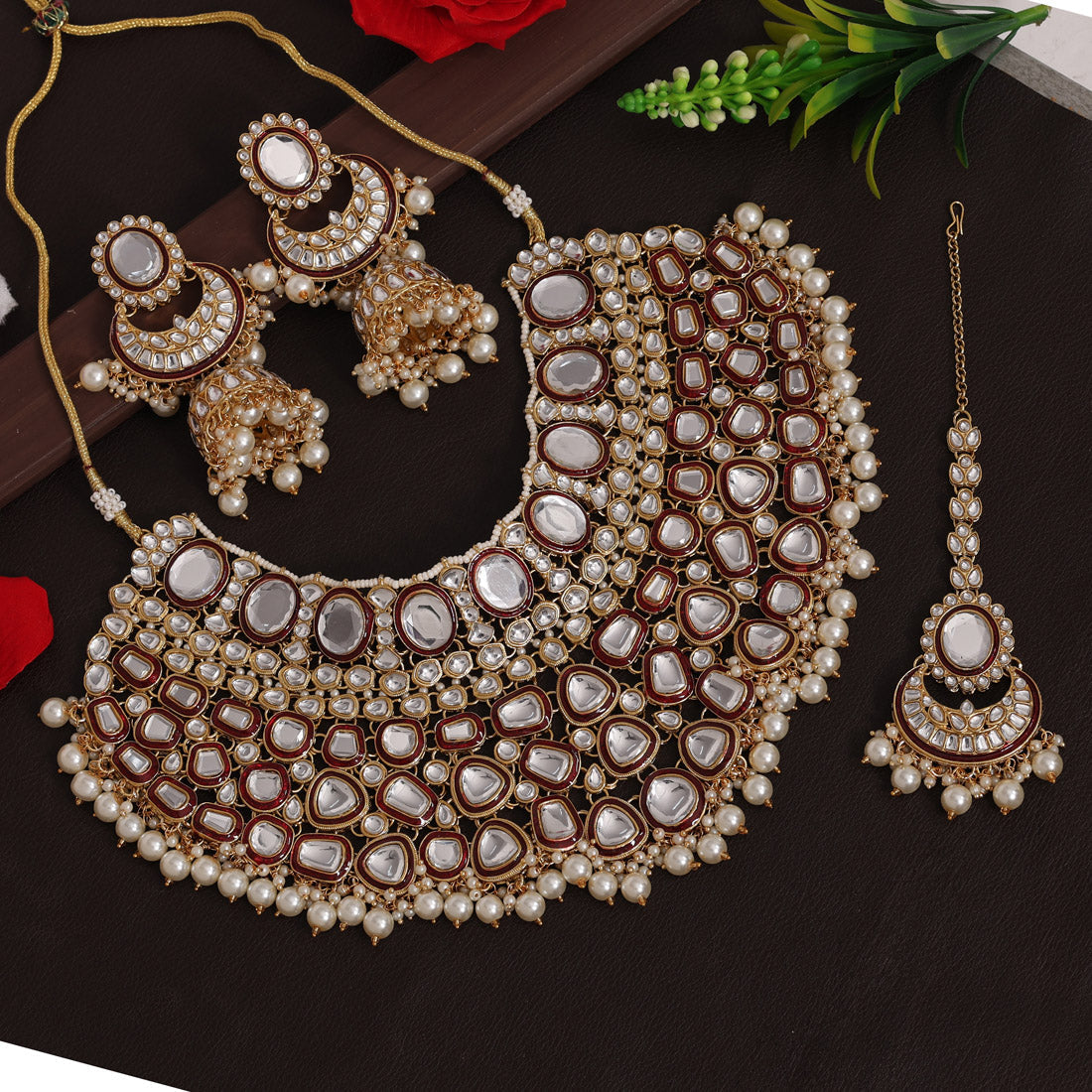 Maroon Color Kundan Necklace Set Jewellery GetGlit