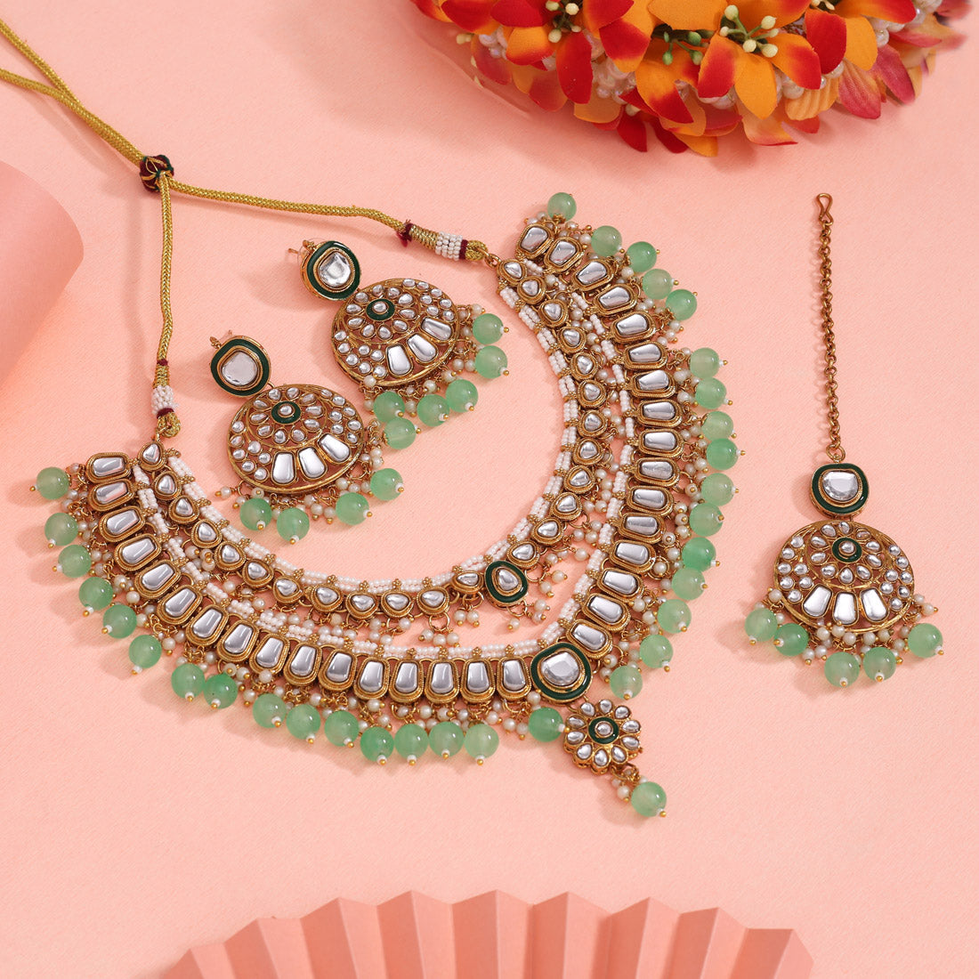 Pista Green Color Kundan Necklace Set Jewellery GetGlit