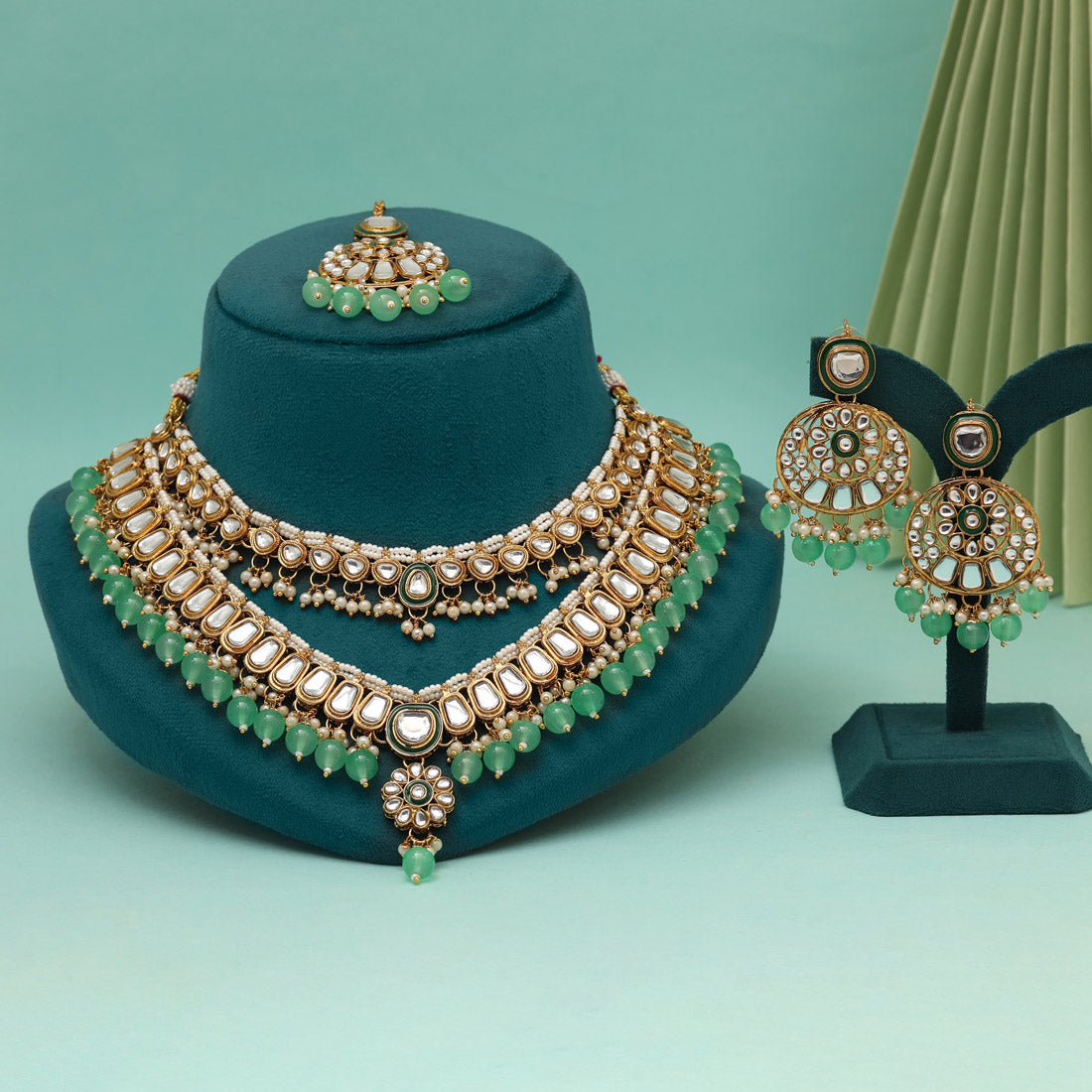 Pista Green Color Kundan Necklace Set Jewellery GetGlit