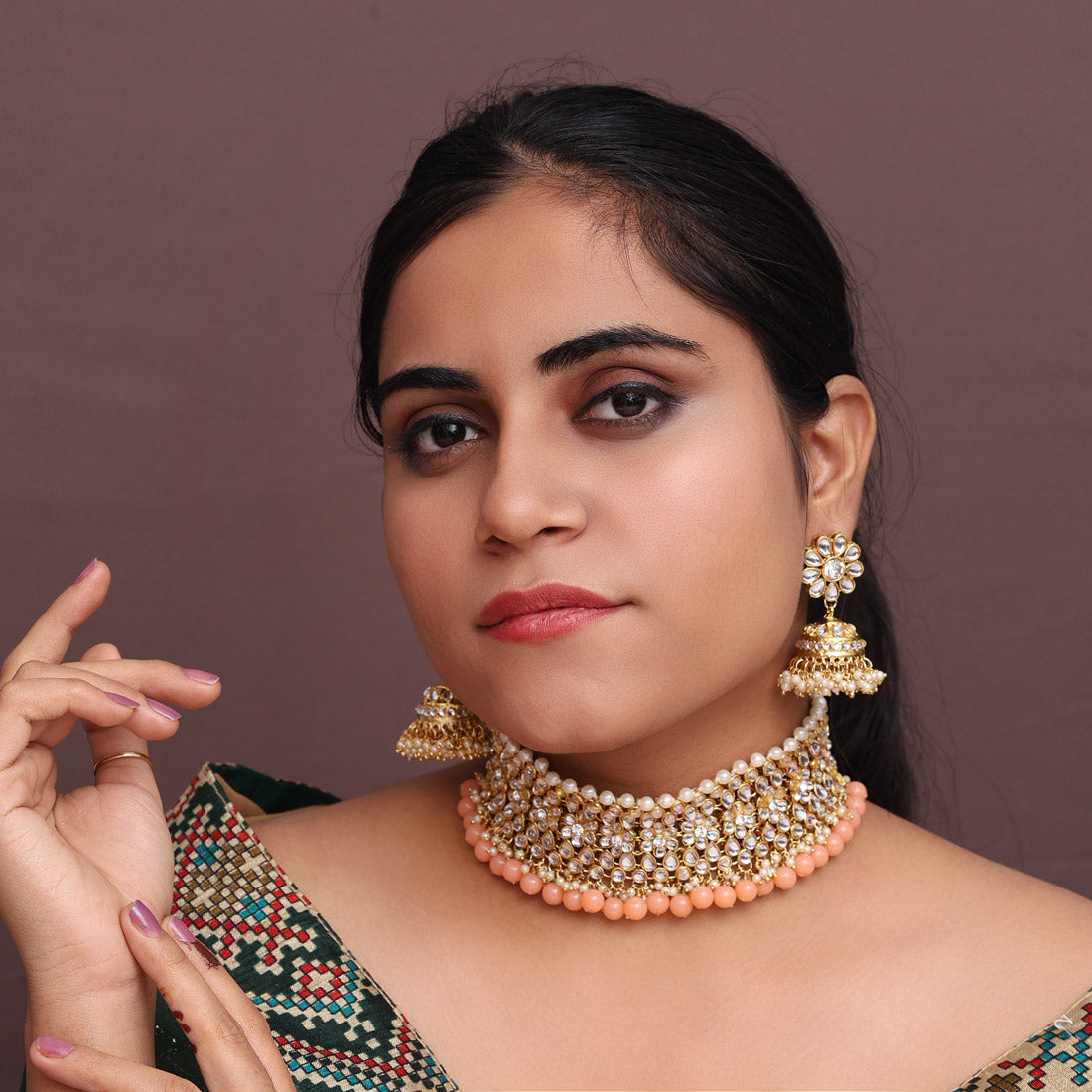 Peach Color Choker Kundan Necklace Set Jewellery GetGlit