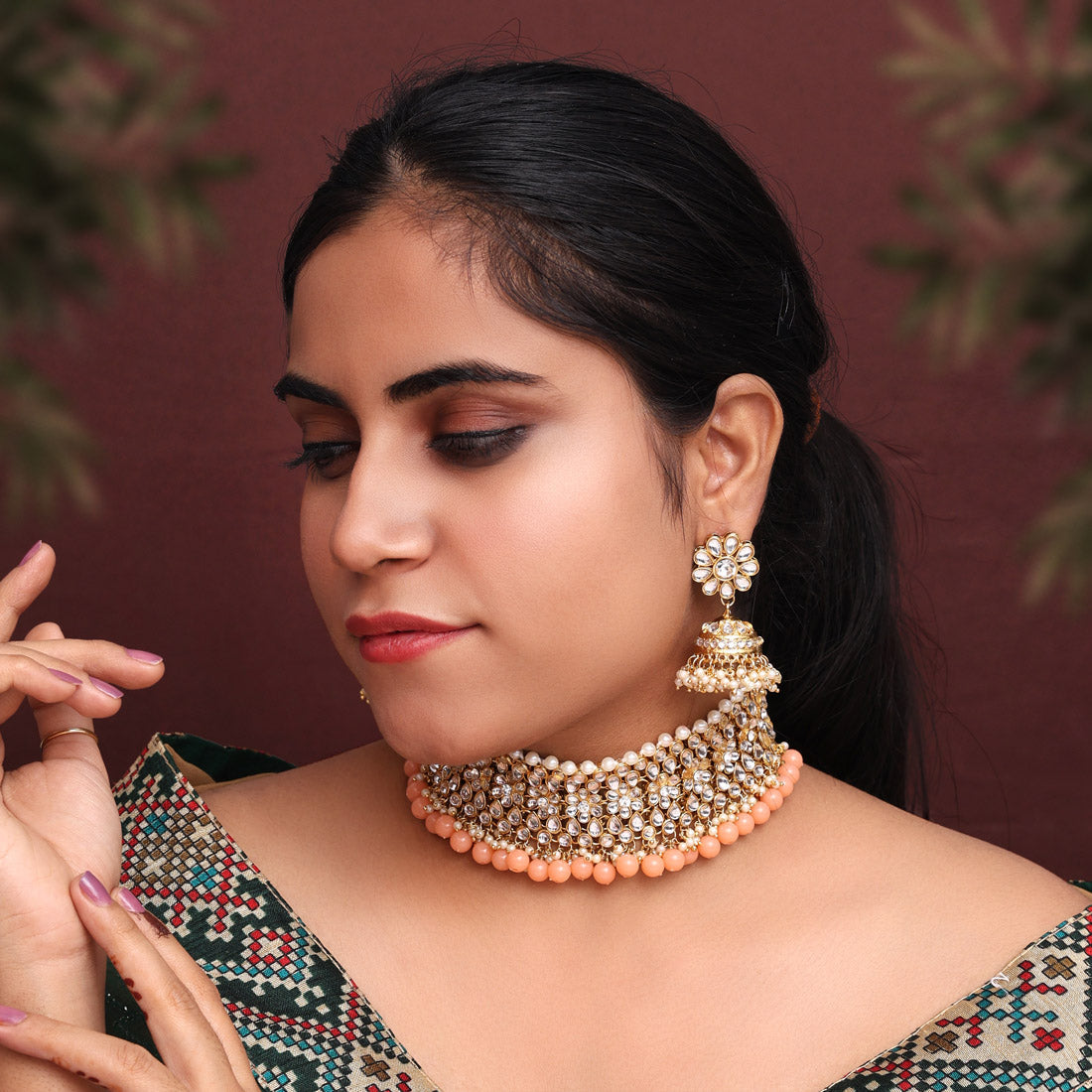 Peach Color Choker Kundan Necklace Set Jewellery GetGlit