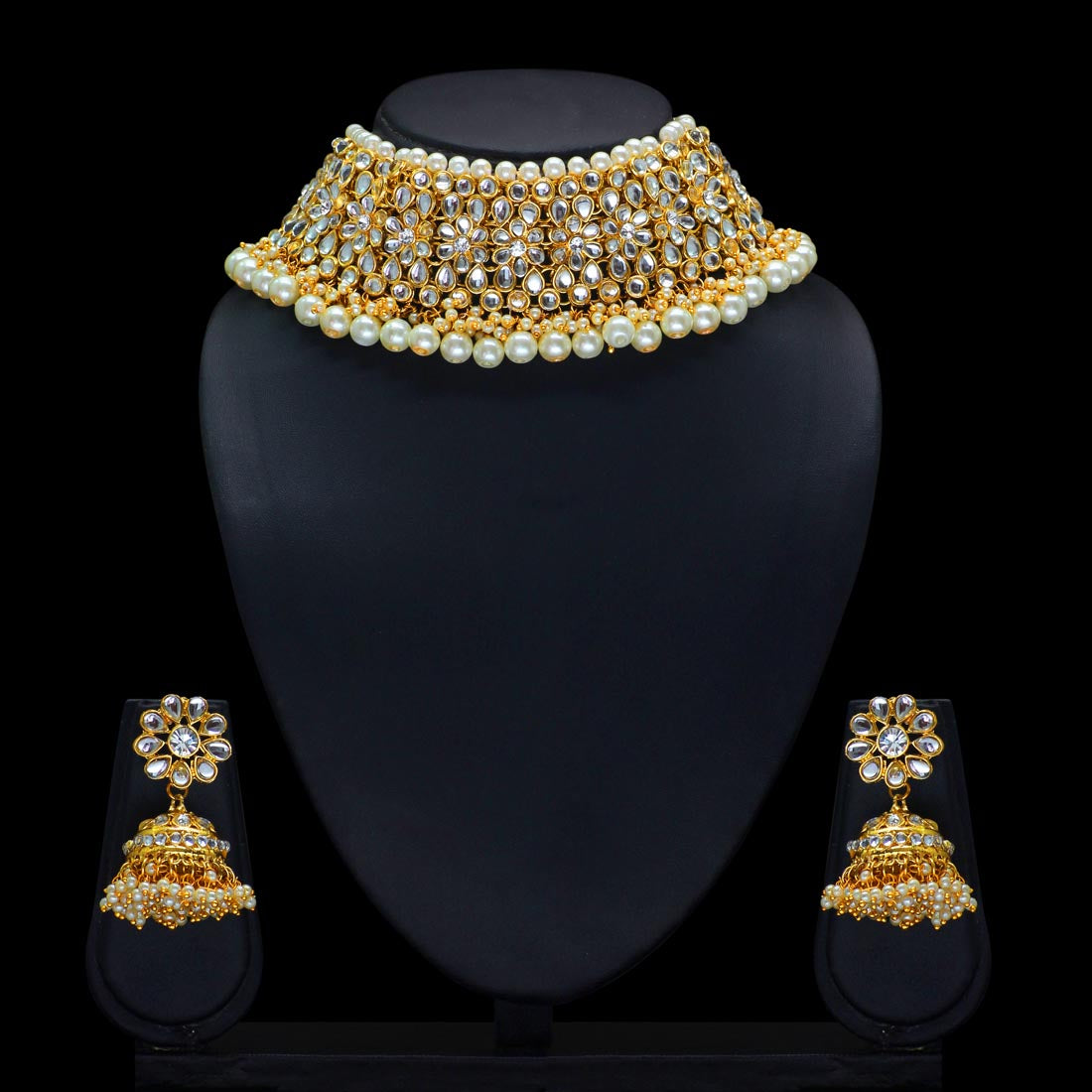 White Color Choker Kundan Necklace With Earring Jewellery GetGlit