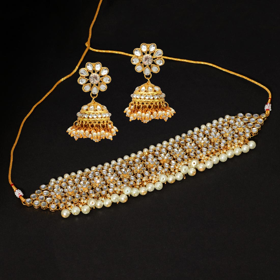 White Color Choker Kundan Necklace With Earring Jewellery GetGlit