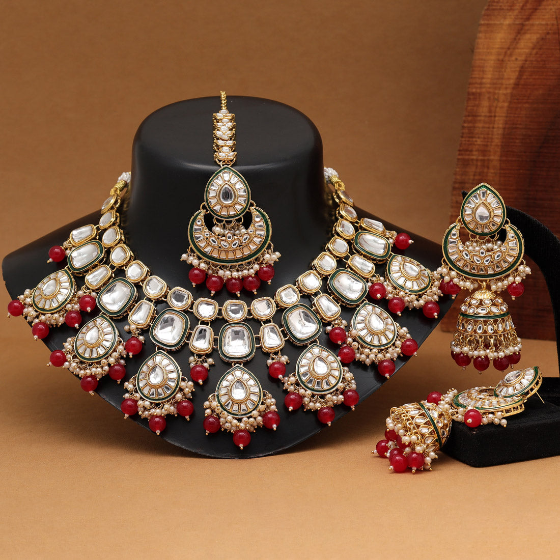 Red Color Kundan Necklace Set Jewellery GlitStudio