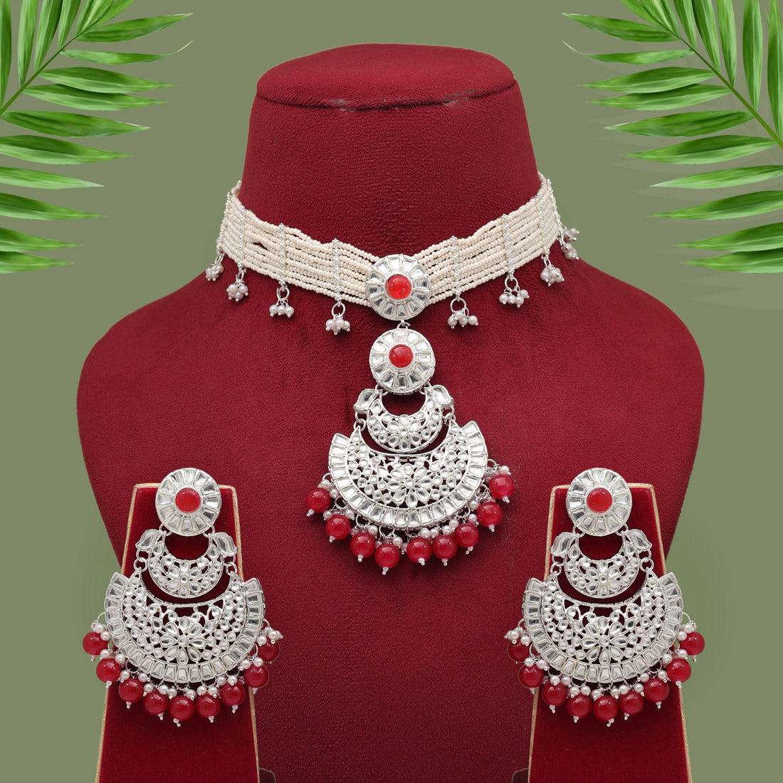 Maroon Color Choker Kundan Necklace Set Jewellery GetGlit