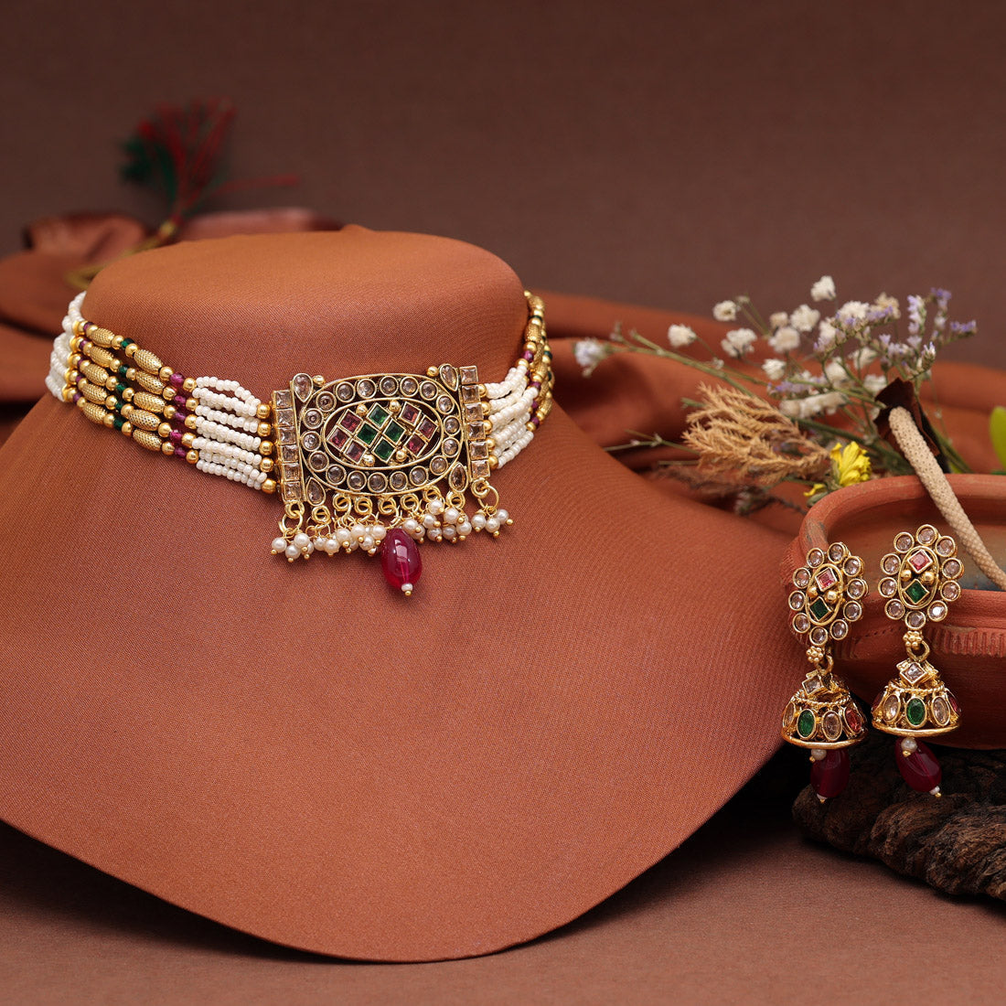 Rani & Green Color Choker Traditional Necklace Set (KN1396RNIGRN) Jewelry GlitStudio   