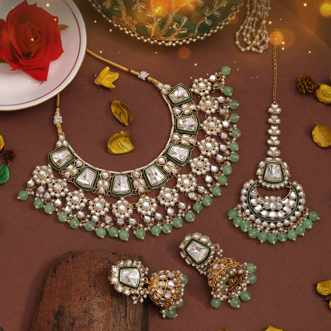 Parrot Green Color Kundan Necklace Set (KN1413PGRN) Jewellery GetGlit