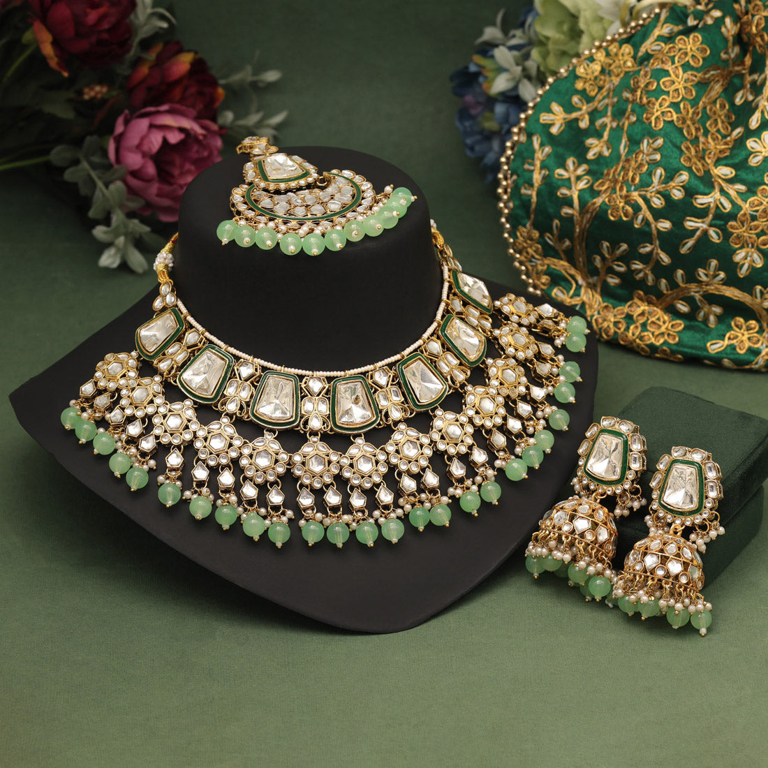 Parrot Green Color Kundan Necklace Set Jewellery GetGlit