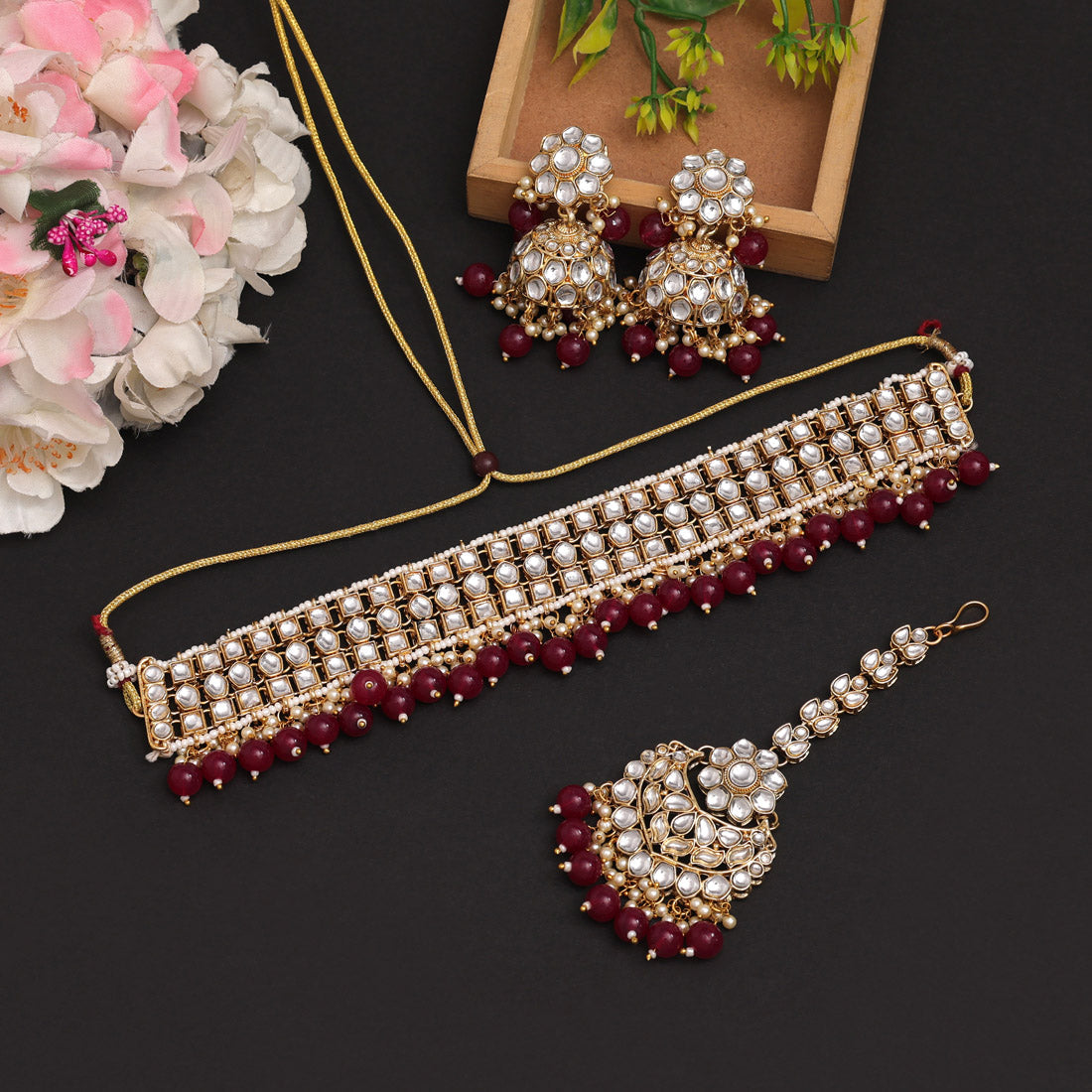 Maroon Color Choker Kundan Necklace Set (KN1416MRN) Jewellery GetGlit