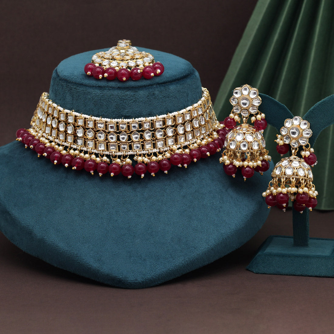 Maroon Color Choker Kundan Necklace Set (KN1416MRN) Jewellery GetGlit