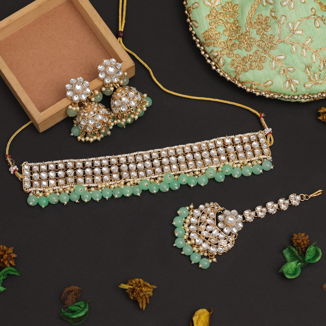 Parrot Green Color Choker Kundan Necklace Set Jewellery GlitStudio