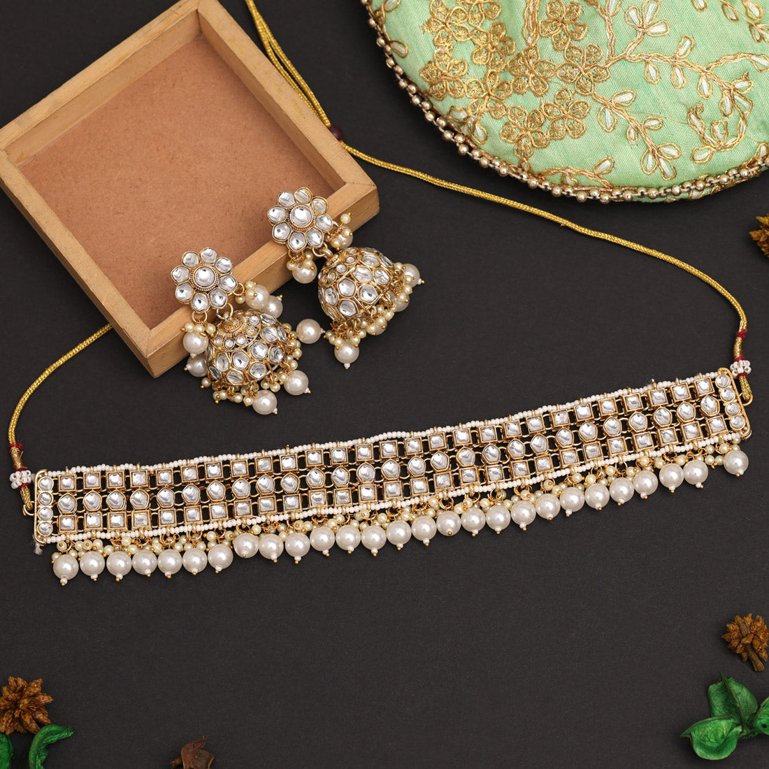 White Color Choker Kundan Necklace Set (KN1416WHT) Jewellery GetGlit