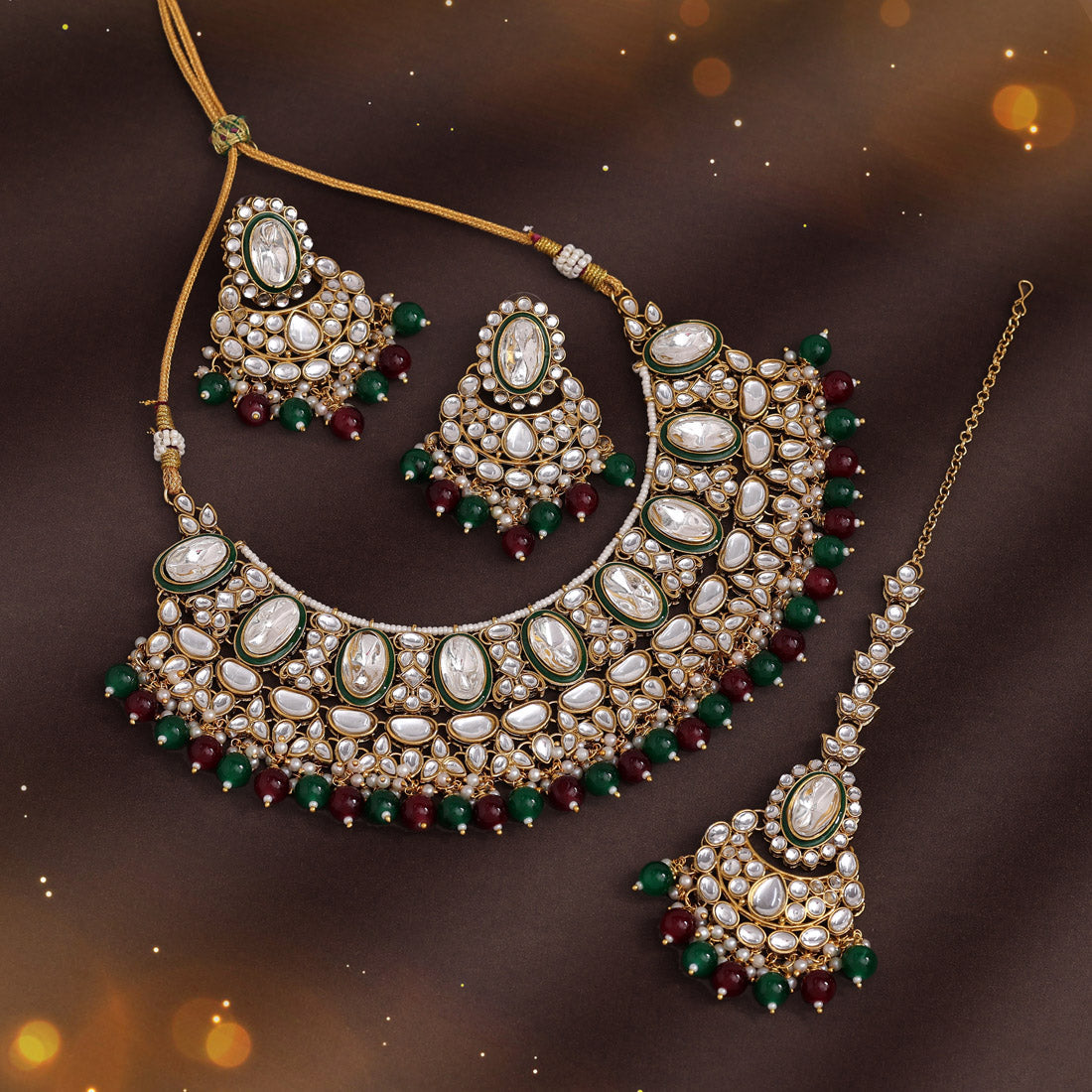 Maroon & Green Color Kundan Necklace Set (KN1424MG) Jewellery GetGlit