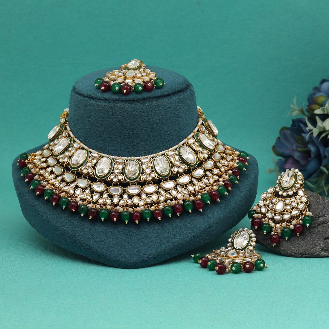 Maroon & Green Color Kundan Necklace Set (KN1424MG) Jewellery GetGlit
