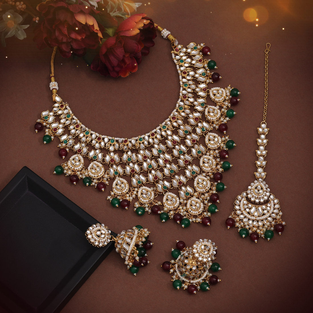 Maroon & Green Color Kundan Necklace Set (KN1426MG) Jewellery GetGlit