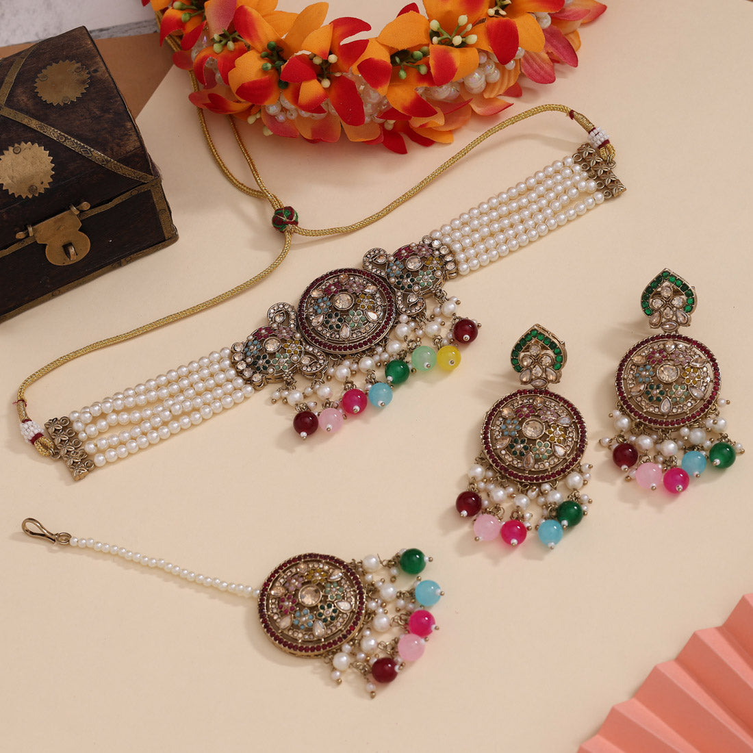 Multi Color Choker Kundan Necklace Set (KN1448MLT) Jewellery GetGlit