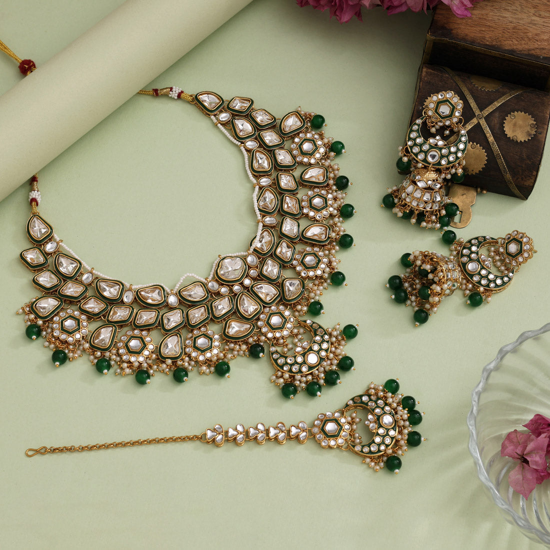 Green Color Meena Work Kundan Necklace Set Jewellery GetGlit