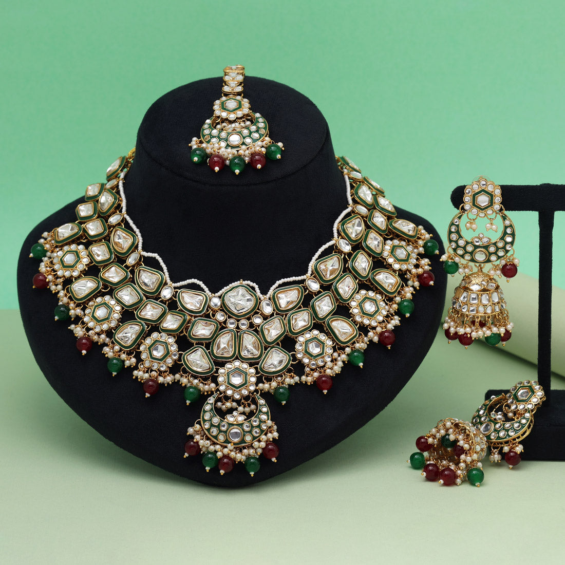 Maroon & Green Color Meena Work Kundan Necklace Set Jewellery GlitStudio