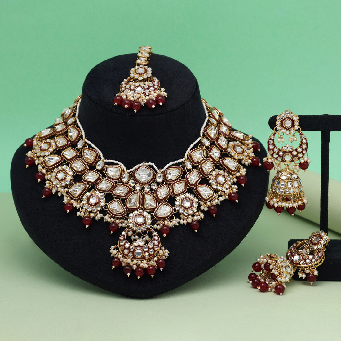 Maroon Color Meena Work Kundan Necklace Set Jewellery GetGlit