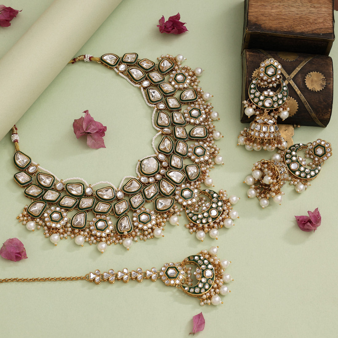 White Color Meena Work Kundan Necklace Set Jewellery GlitStudio