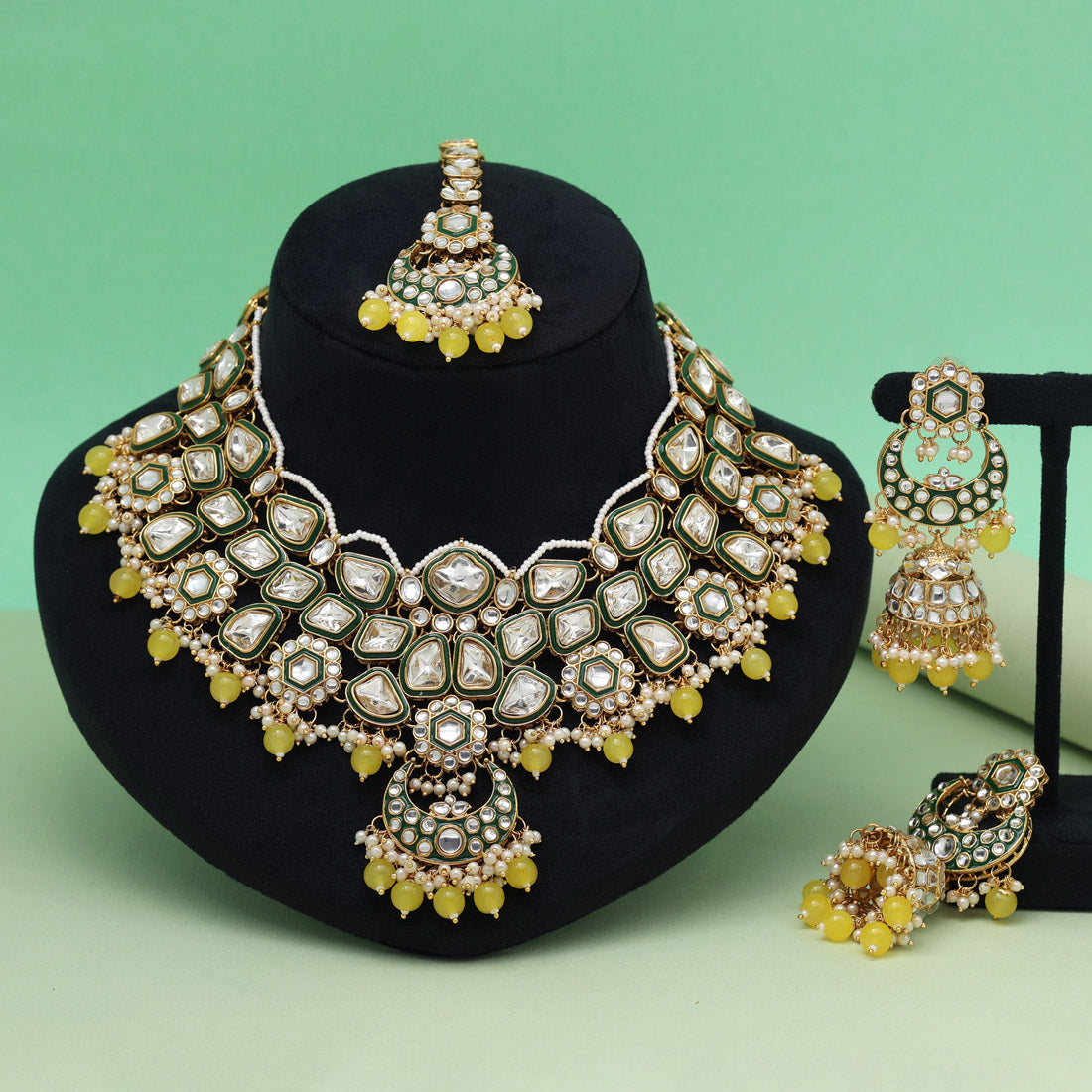 Yellow Color Meena Work Kundan Necklace Set Jewellery GetGlit