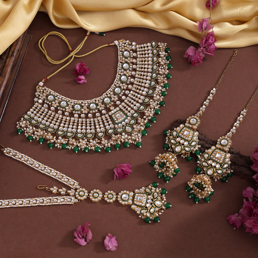 Green Color Meena Work Kundan Necklace Set (KN1454GRN) Jewellery GetGlit