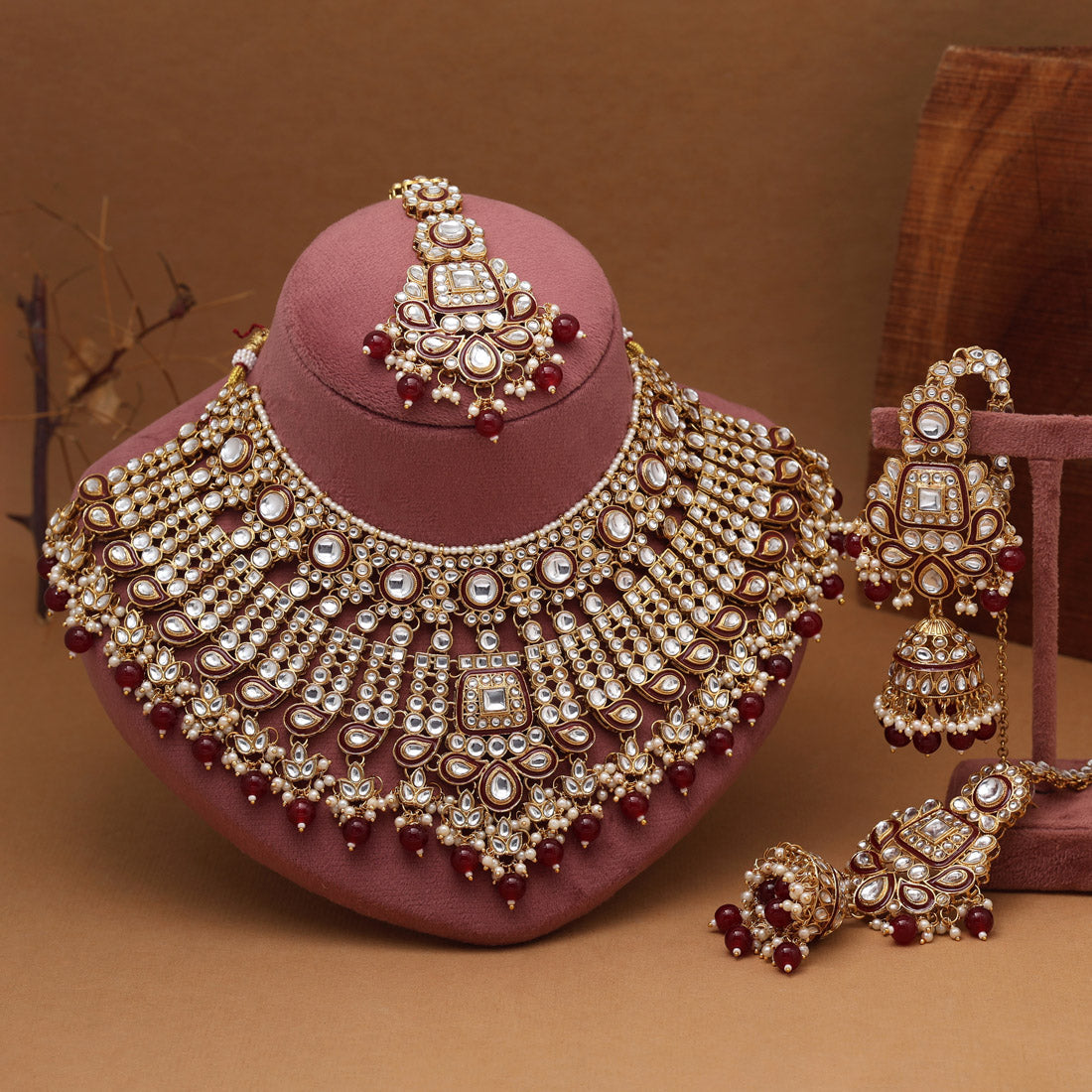 Maroon Color Meena Work Kundan Necklace Set Jewellery GetGlit