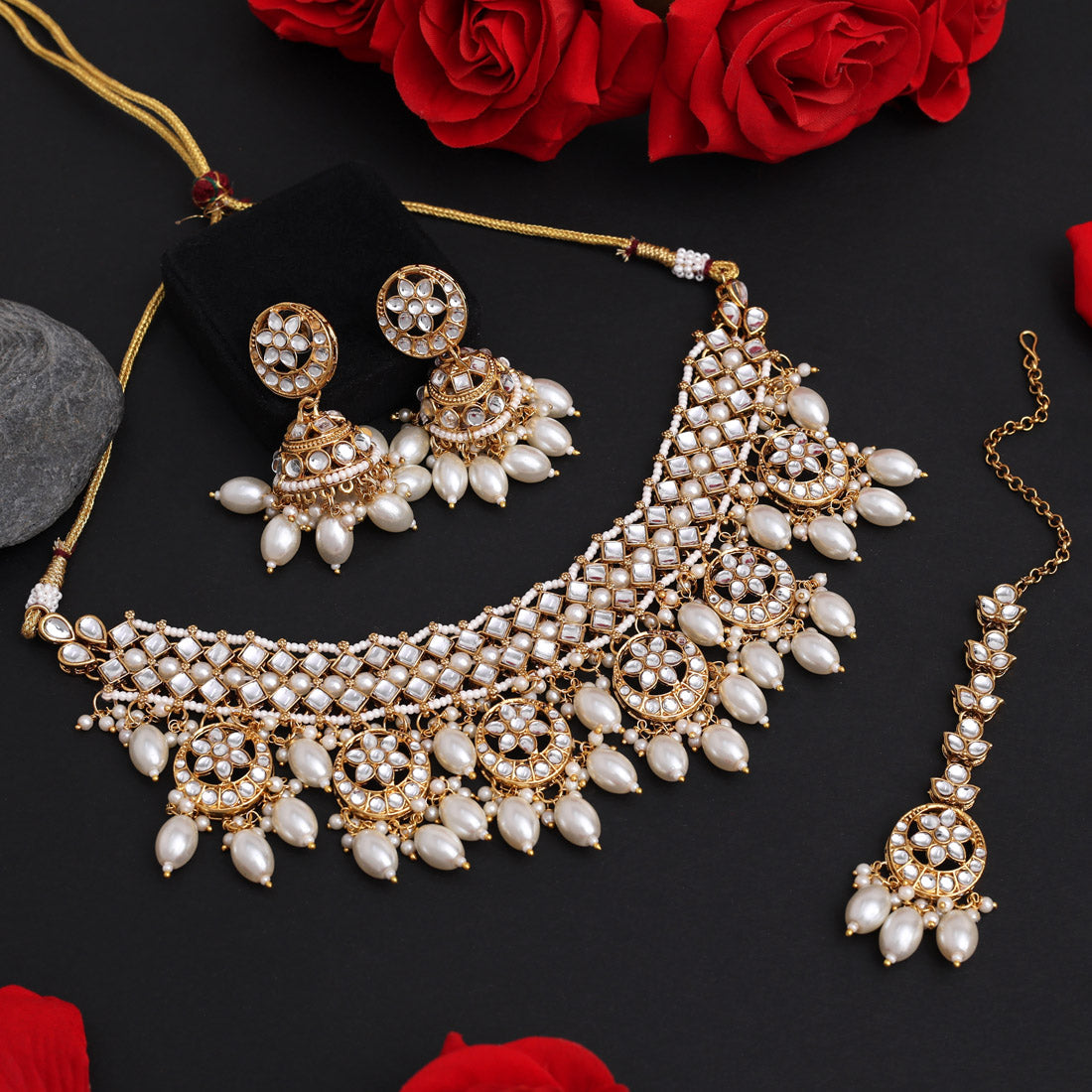 White Color Choker Kundan Necklace Set Jewellery GlitStudio