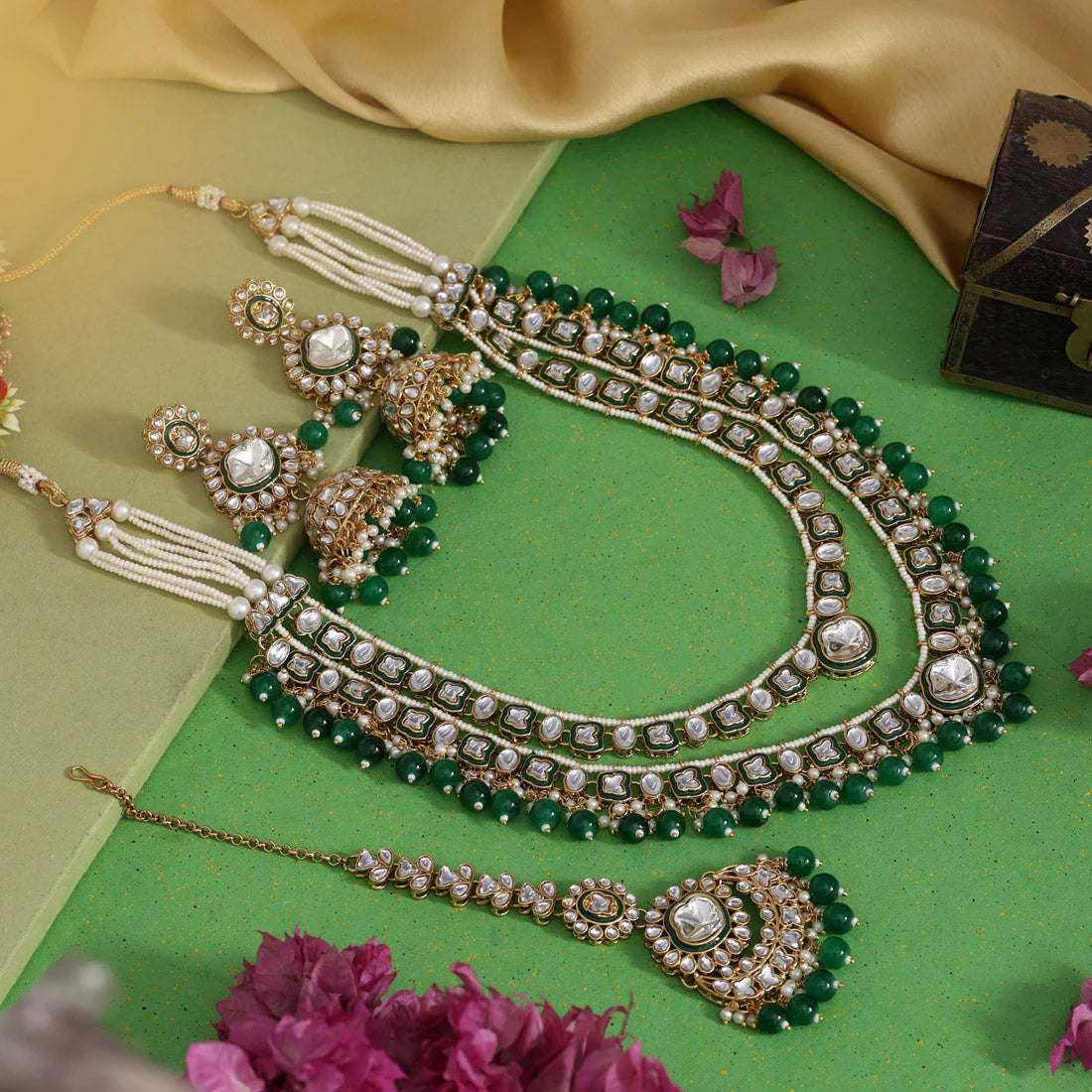 Green Color Meena Work Kundan Necklace Set (KN1458GRN) Jewellery GetGlit