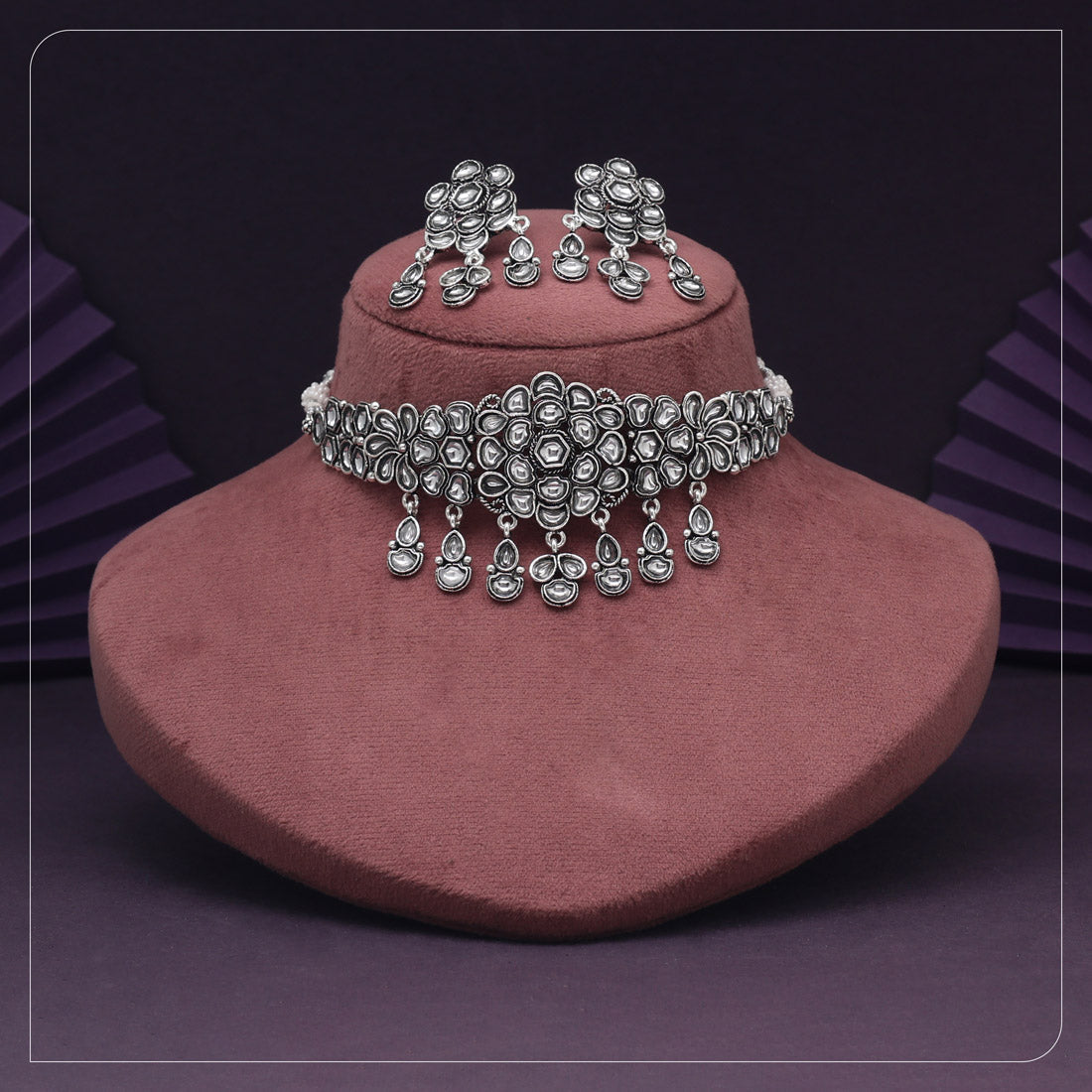 Silver Color Choker Oxidised Kundan Necklace Set Jewellery GetGlit