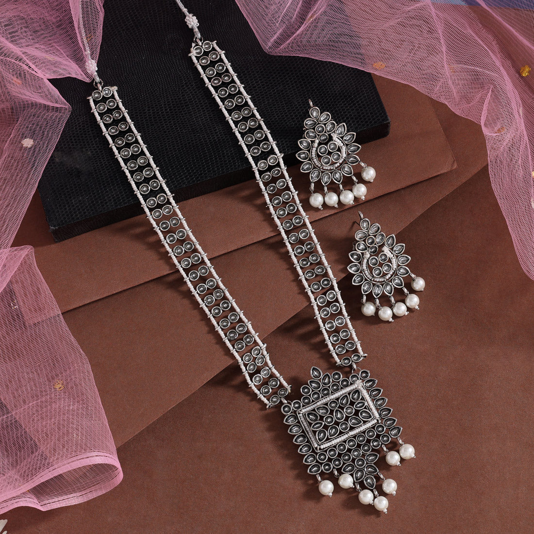 Silver Color Long Oxidised Kundan Necklace Set Jewellery GetGlit