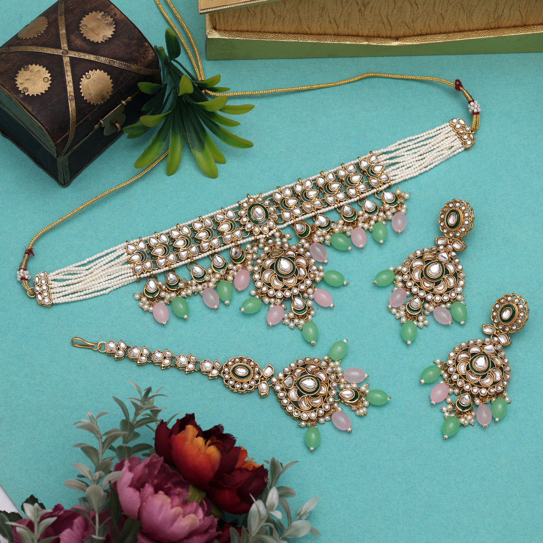Soft Pink & Pista Green Color Kundan Necklace Set Jewellery GetGlit