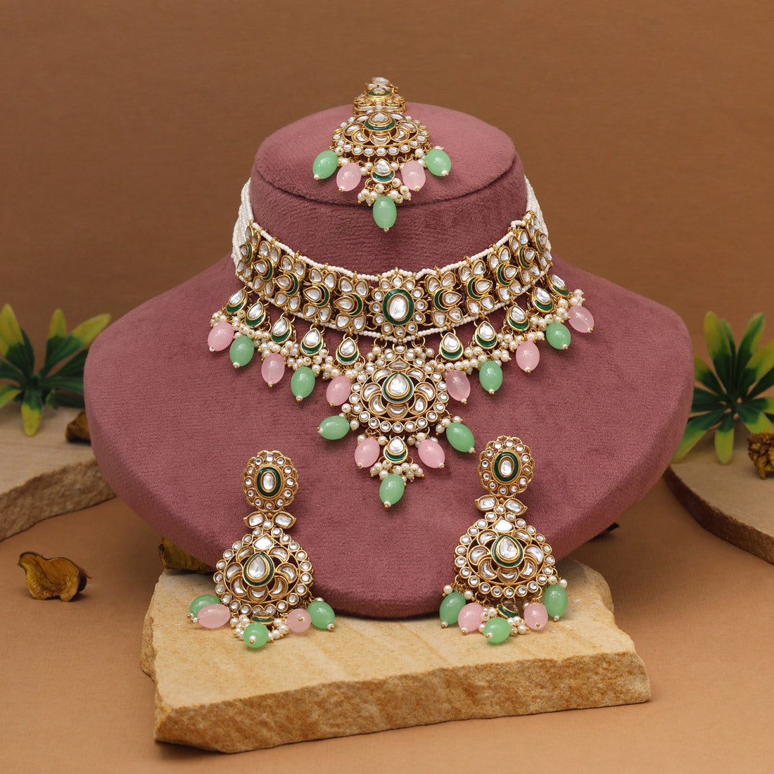 Soft Pink & Pista Green Color Kundan Necklace Set Jewellery GetGlit