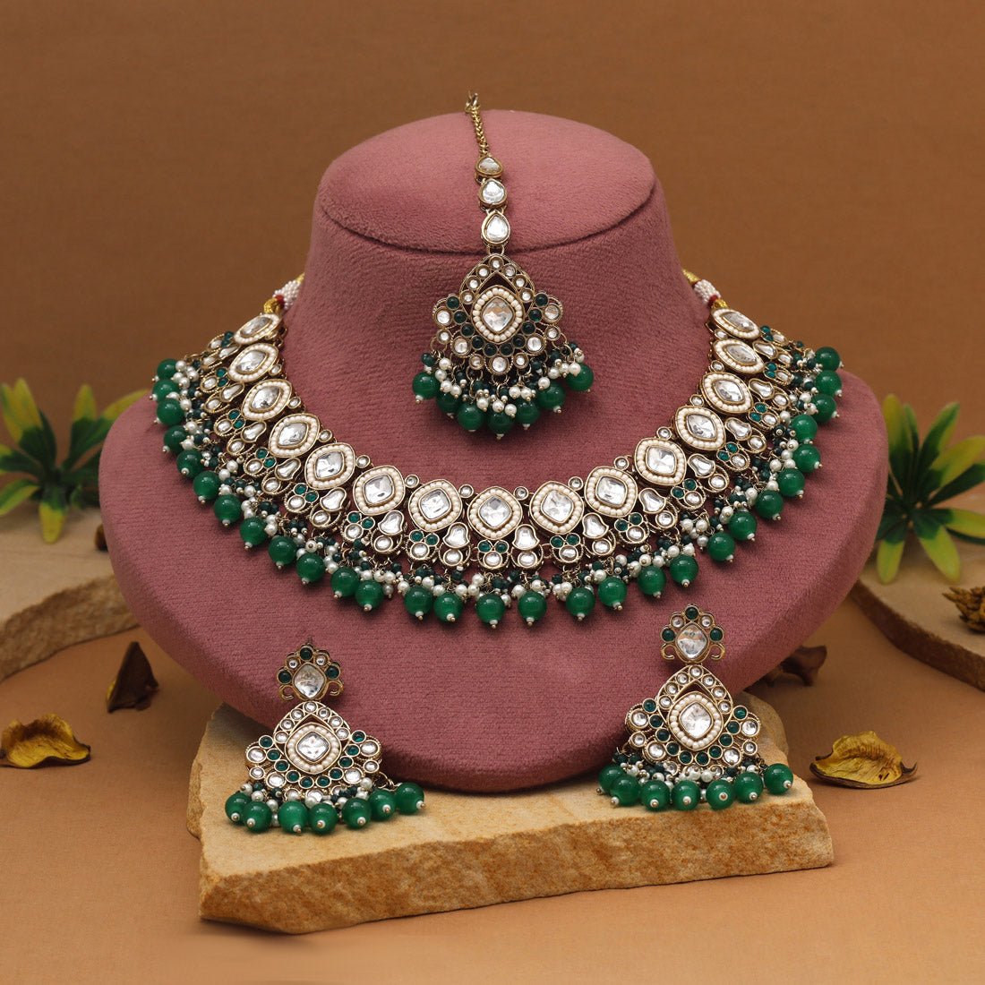 Fresh Green Color Kundan Necklace Set Jewellery GetGlit