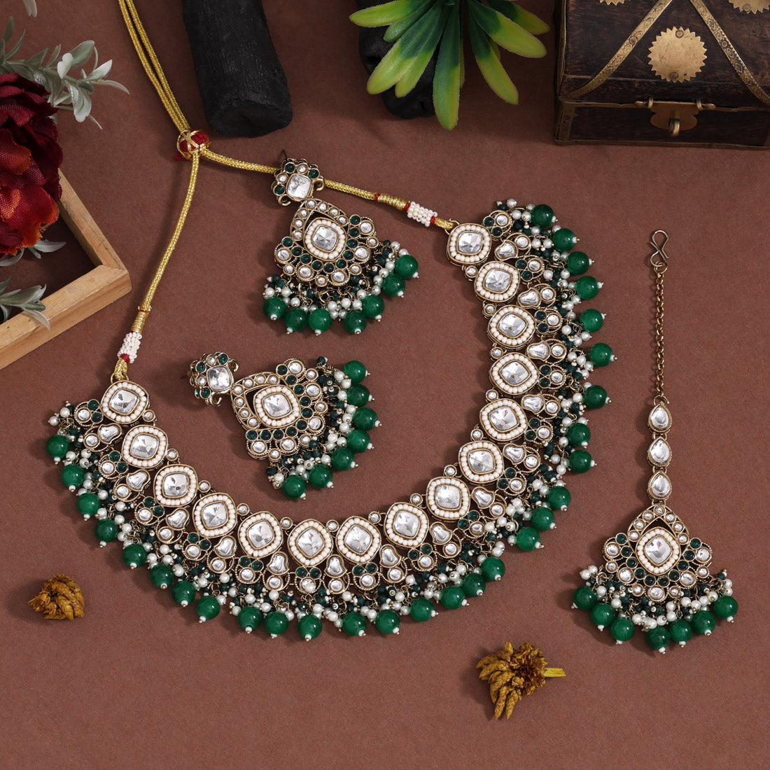 Fresh Green Color Kundan Necklace Set Jewellery GetGlit