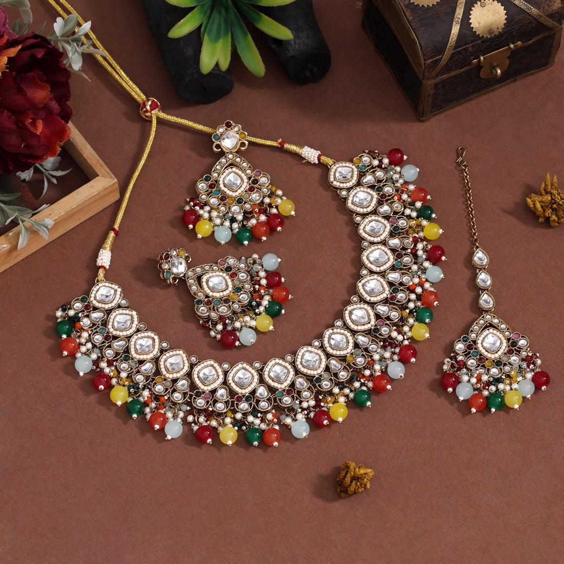 Vibrant Multi Color Kundan Necklace Set Jewellery GetGlit