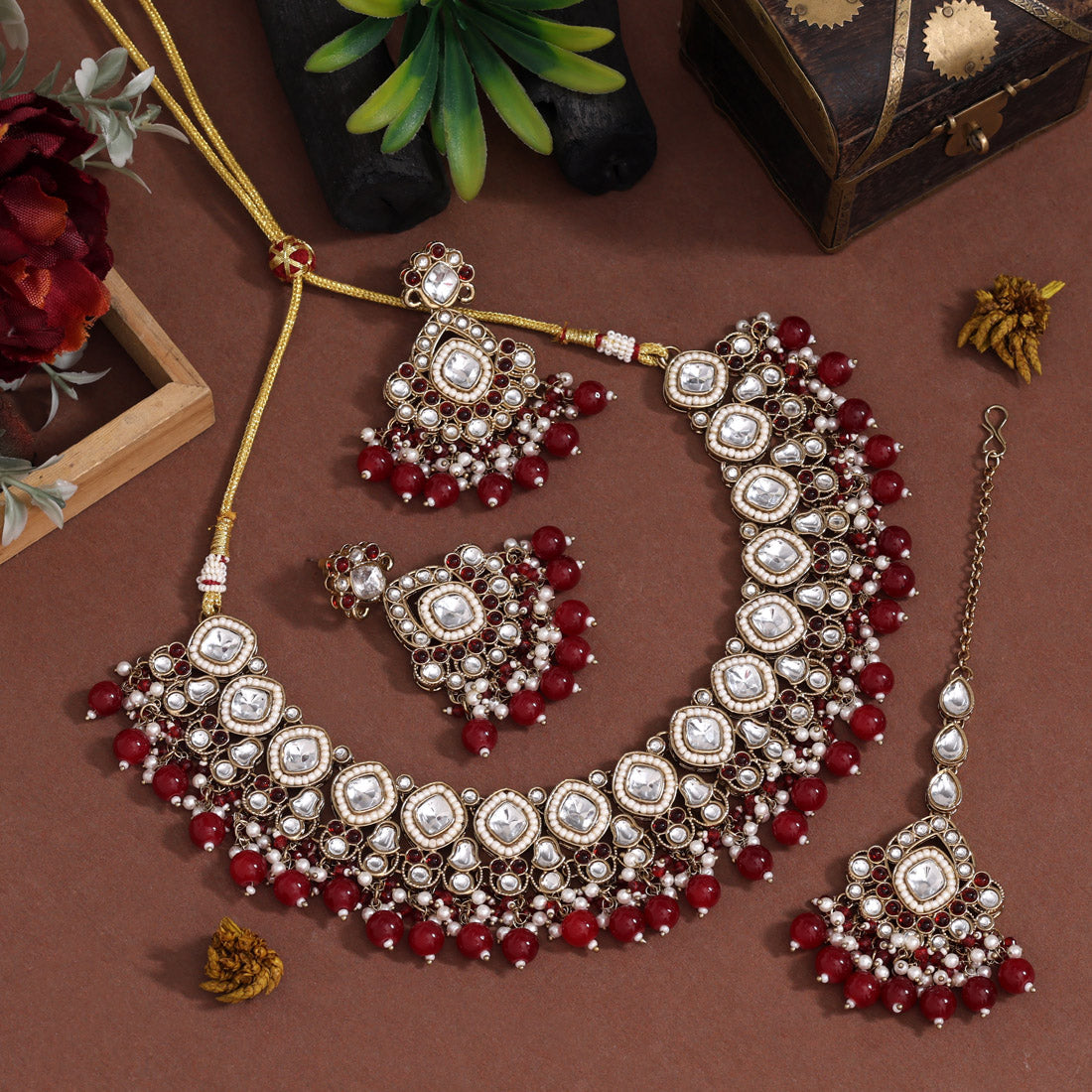 Royal Maroon Color Kundan Necklace Set Jewellery GetGlit