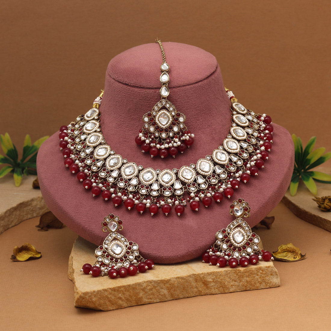 Royal Maroon Color Kundan Necklace Set Jewellery GetGlit